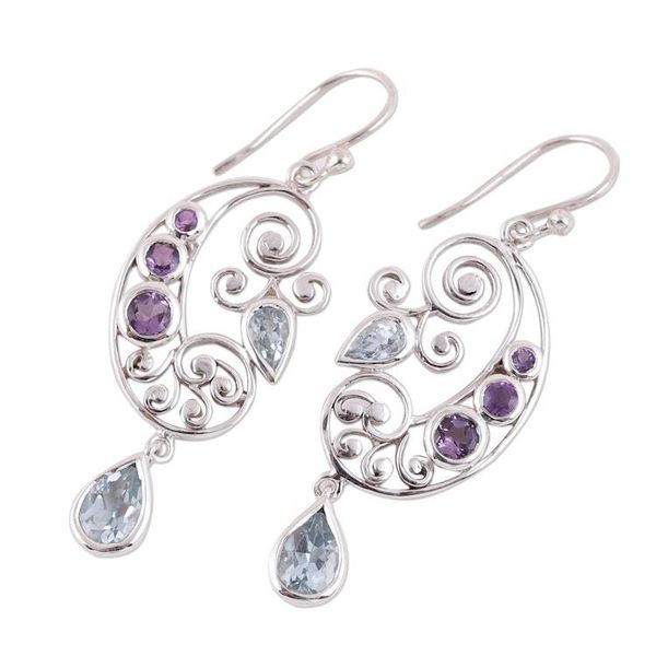 Alternate image for Handcrafted Amethyst and Blue Topaz Pendant Dangle Earrings Elegant Flutter