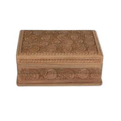 Alternate image for Hand-carved Flowers on Walnut Wood Jewelry Box Kashmir Grandeur