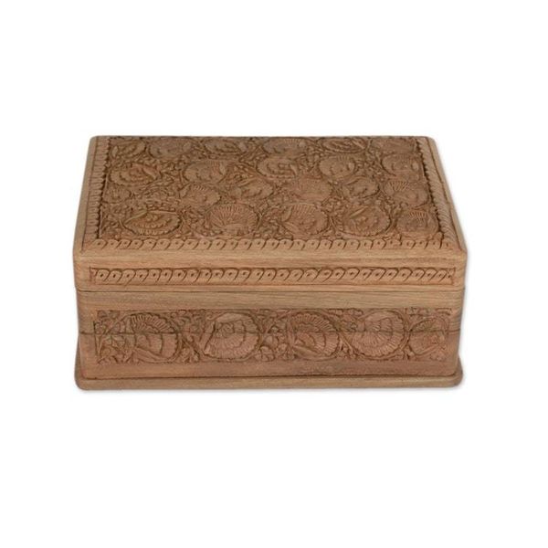 Alternate image for Hand-carved Flowers on Walnut Wood Jewelry Box Kashmir Grandeur