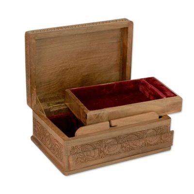 Alternate image for Hand-carved Flowers on Walnut Wood Jewelry Box Kashmir Grandeur