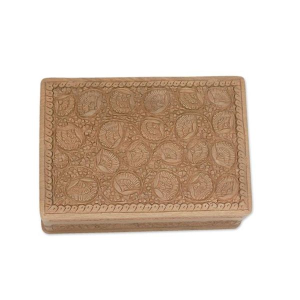 Alternate image for Hand-carved Flowers on Walnut Wood Jewelry Box Kashmir Grandeur