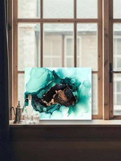 Alternate image for The Emerald Secret | Signed Original Alcohol Ink Painting | Abstract Modern Ink Art | Wall Decor Green Gold Artwork Hanging 11 x 14