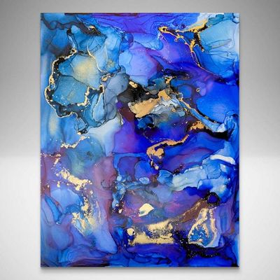 Alternate image for Echoes of Atlantis | Signed Original Alcohol Ink Painting | Abstract Modern Ink Art | Wall Decor Blue Gold Artwork Hanging 11 x 14