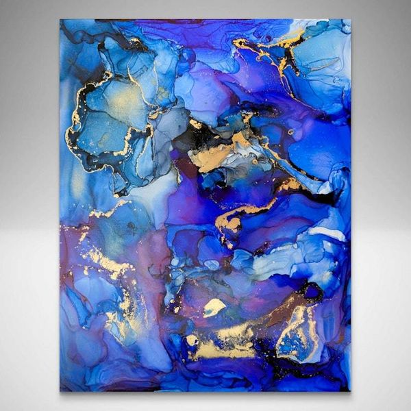 Alternate image for Echoes of Atlantis | Signed Original Alcohol Ink Painting | Abstract Modern Ink Art | Wall Decor Blue Gold Artwork Hanging 11 x 14