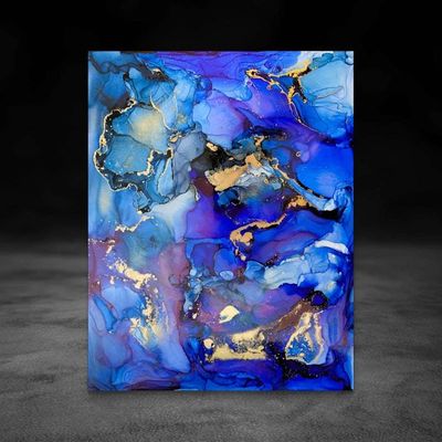 Alternate image for Echoes of Atlantis | Signed Original Alcohol Ink Painting | Abstract Modern Ink Art | Wall Decor Blue Gold Artwork Hanging 11 x 14