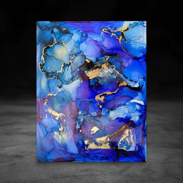 Alternate image for Echoes of Atlantis | Signed Original Alcohol Ink Painting | Abstract Modern Ink Art | Wall Decor Blue Gold Artwork Hanging 11 x 14