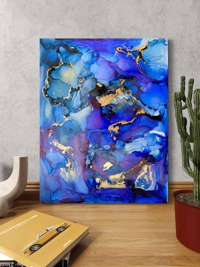 Alternate image for Echoes of Atlantis | Signed Original Alcohol Ink Painting | Abstract Modern Ink Art | Wall Decor Blue Gold Artwork Hanging 11 x 14