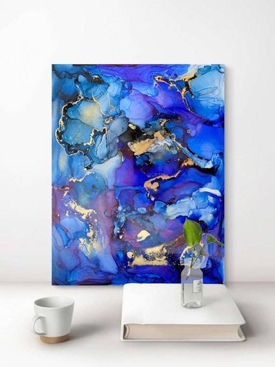 Alternate image for Echoes of Atlantis | Signed Original Alcohol Ink Painting | Abstract Modern Ink Art | Wall Decor Blue Gold Artwork Hanging 11 x 14
