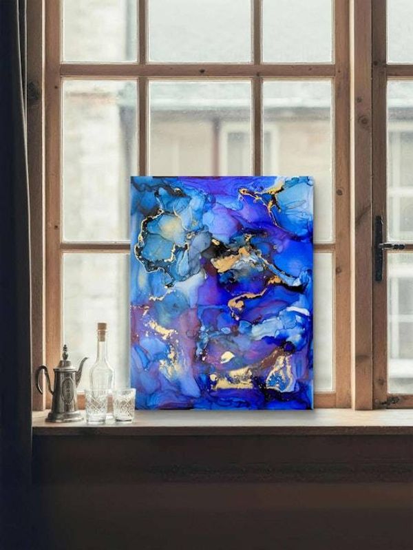 Alternate image for Echoes of Atlantis | Signed Original Alcohol Ink Painting | Abstract Modern Ink Art | Wall Decor Blue Gold Artwork Hanging 11 x 14