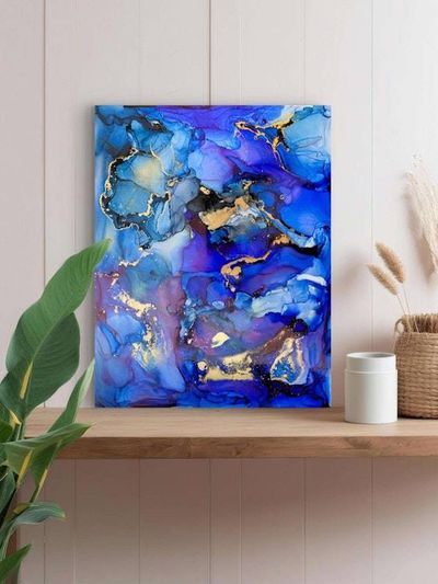 Alternate image for Echoes of Atlantis | Signed Original Alcohol Ink Painting | Abstract Modern Ink Art | Wall Decor Blue Gold Artwork Hanging 11 x 14