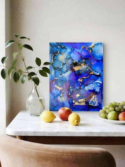 Alternate image for Echoes of Atlantis | Signed Original Alcohol Ink Painting | Abstract Modern Ink Art | Wall Decor Blue Gold Artwork Hanging 11 x 14