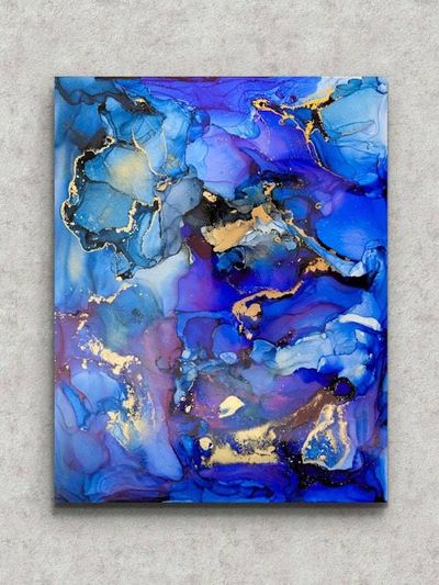 Alternate image for Echoes of Atlantis | Signed Original Alcohol Ink Painting | Abstract Modern Ink Art | Wall Decor Blue Gold Artwork Hanging 11 x 14