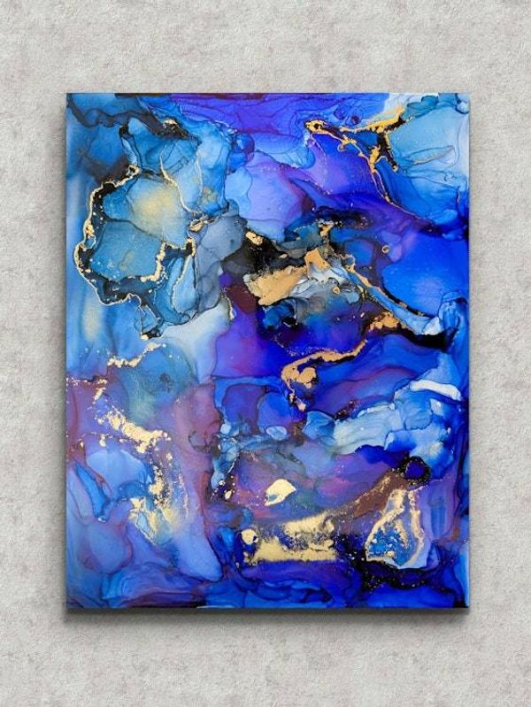 Alternate image for Echoes of Atlantis | Signed Original Alcohol Ink Painting | Abstract Modern Ink Art | Wall Decor Blue Gold Artwork Hanging 11 x 14