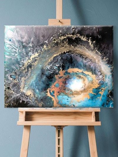 Alternate image for Galaxy Within | Resin Alcohol Ink Original Signed Painting | Abstract Modern Art | Wall Decor Turquoise Gold Teal Black Hanging 24 x 18
