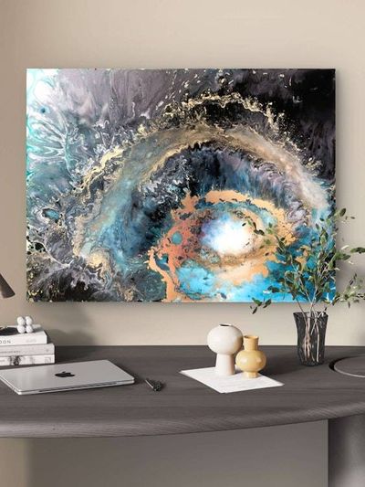 Alternate image for Galaxy Within | Resin Alcohol Ink Original Signed Painting | Abstract Modern Art | Wall Decor Turquoise Gold Teal Black Hanging 24 x 18