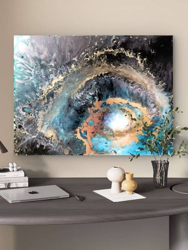 Alternate image for Galaxy Within | Resin Alcohol Ink Original Signed Painting | Abstract Modern Art | Wall Decor Turquoise Gold Teal Black Hanging 24 x 18