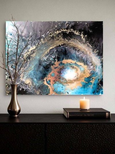 Alternate image for Galaxy Within | Resin Alcohol Ink Original Signed Painting | Abstract Modern Art | Wall Decor Turquoise Gold Teal Black Hanging 24 x 18