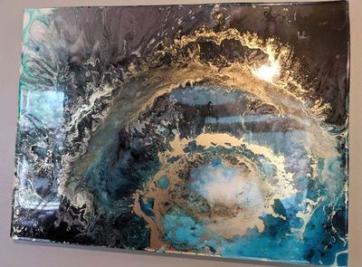 Alternate image for Galaxy Within | Resin Alcohol Ink Original Signed Painting | Abstract Modern Art | Wall Decor Turquoise Gold Teal Black Hanging 24 x 18