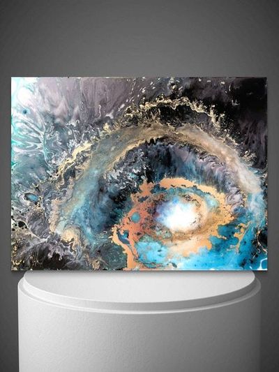 Alternate image for Galaxy Within | Resin Alcohol Ink Original Signed Painting | Abstract Modern Art | Wall Decor Turquoise Gold Teal Black Hanging 24 x 18
