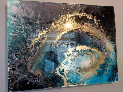 Alternate image for Galaxy Within | Resin Alcohol Ink Original Signed Painting | Abstract Modern Art | Wall Decor Turquoise Gold Teal Black Hanging 24 x 18