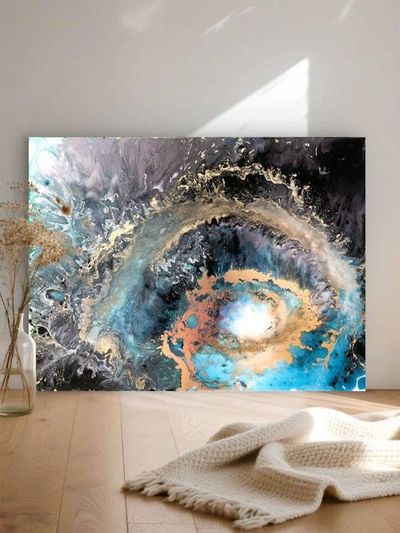 Alternate image for Galaxy Within | Resin Alcohol Ink Original Signed Painting | Abstract Modern Art | Wall Decor Turquoise Gold Teal Black Hanging 24 x 18