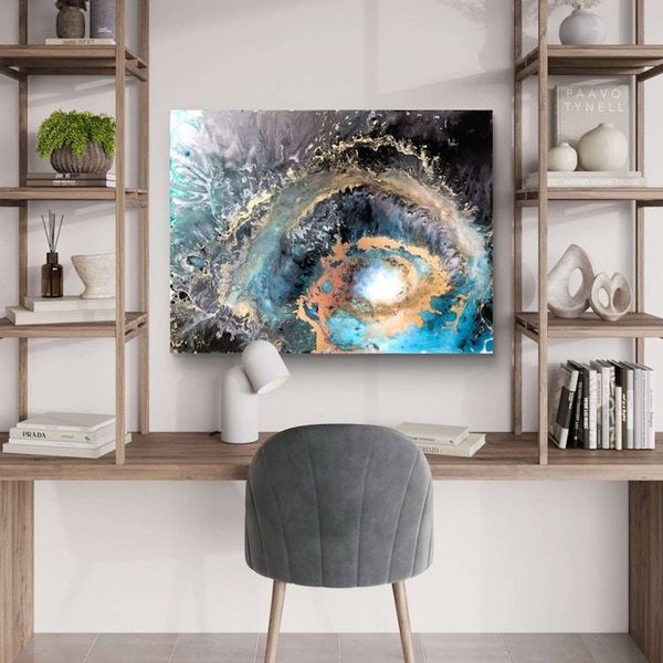 Alternate image for Galaxy Within | Resin Alcohol Ink Original Signed Painting | Abstract Modern Art | Wall Decor Turquoise Gold Teal Black Hanging 24 x 18