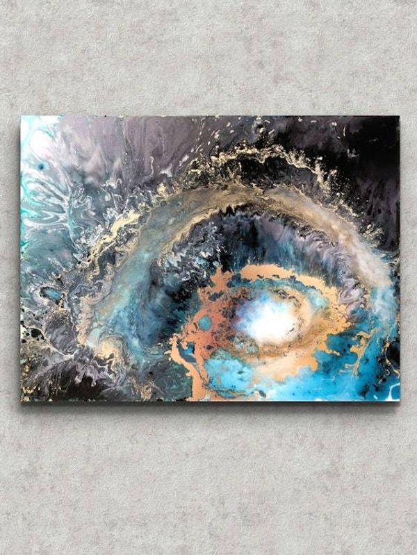 Alternate image for Galaxy Within | Resin Alcohol Ink Original Signed Painting | Abstract Modern Art | Wall Decor Turquoise Gold Teal Black Hanging 24 x 18
