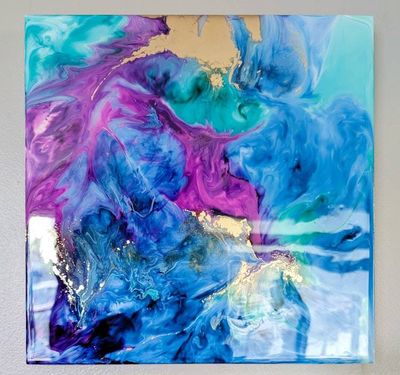 Alternate image for Cosmic Breath | Resin Alcohol Ink Original Signed Painting | Abstract Modern Ink Art | Wall Decor Blue Purple Gold Teal Hanging 12 x 12