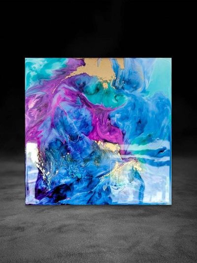 Alternate image for Cosmic Breath | Resin Alcohol Ink Original Signed Painting | Abstract Modern Ink Art | Wall Decor Blue Purple Gold Teal Hanging 12 x 12