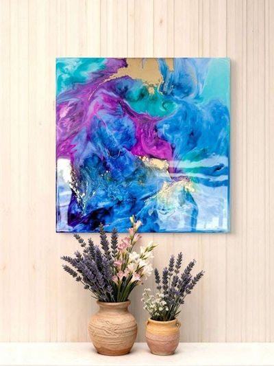 Alternate image for Cosmic Breath | Resin Alcohol Ink Original Signed Painting | Abstract Modern Ink Art | Wall Decor Blue Purple Gold Teal Hanging 12 x 12