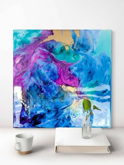 Alternate image for Cosmic Breath | Resin Alcohol Ink Original Signed Painting | Abstract Modern Ink Art | Wall Decor Blue Purple Gold Teal Hanging 12 x 12