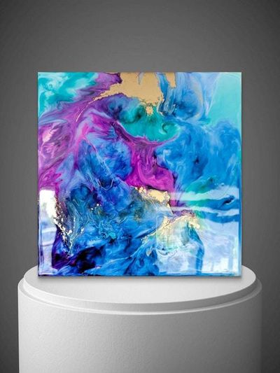 Alternate image for Cosmic Breath | Resin Alcohol Ink Original Signed Painting | Abstract Modern Ink Art | Wall Decor Blue Purple Gold Teal Hanging 12 x 12