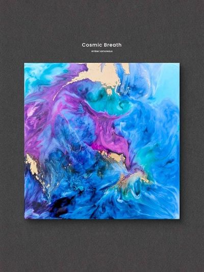 Alternate image for Cosmic Breath | Resin Alcohol Ink Original Signed Painting | Abstract Modern Ink Art | Wall Decor Blue Purple Gold Teal Hanging 12 x 12