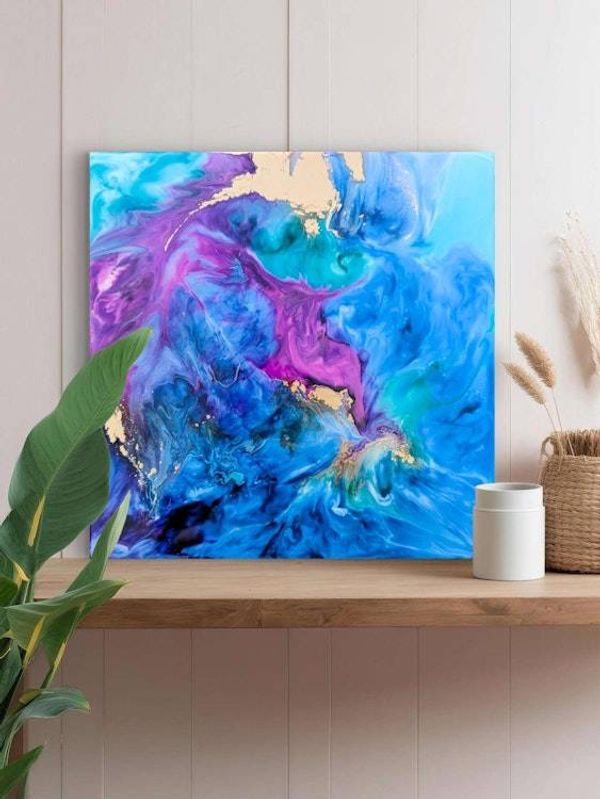 Alternate image for Cosmic Breath | Resin Alcohol Ink Original Signed Painting | Abstract Modern Ink Art | Wall Decor Blue Purple Gold Teal Hanging 12 x 12