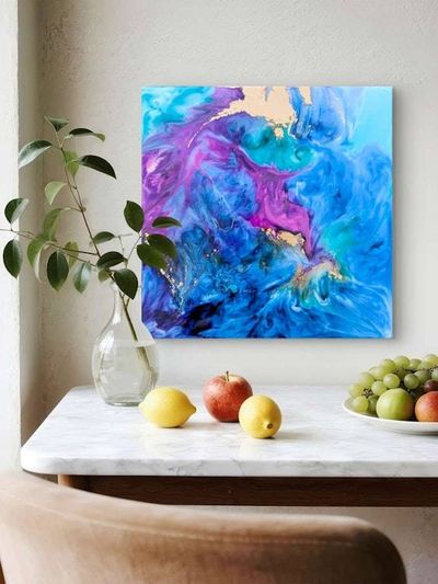 Alternate image for Cosmic Breath | Resin Alcohol Ink Original Signed Painting | Abstract Modern Ink Art | Wall Decor Blue Purple Gold Teal Hanging 12 x 12
