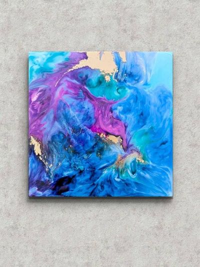 Alternate image for Cosmic Breath | Resin Alcohol Ink Original Signed Painting | Abstract Modern Ink Art | Wall Decor Blue Purple Gold Teal Hanging 12 x 12