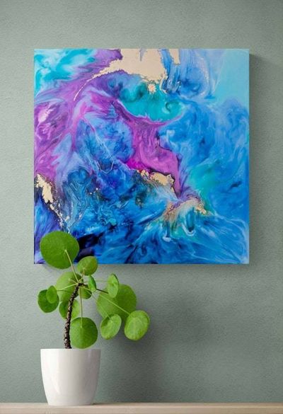 Alternate image for Cosmic Breath | Resin Alcohol Ink Original Signed Painting | Abstract Modern Ink Art | Wall Decor Blue Purple Gold Teal Hanging 12 x 12
