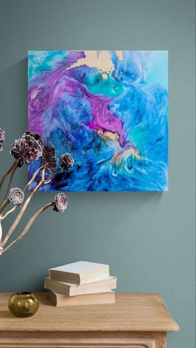 Alternate image for Cosmic Breath | Resin Alcohol Ink Original Signed Painting | Abstract Modern Ink Art | Wall Decor Blue Purple Gold Teal Hanging 12 x 12