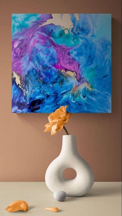 Alternate image for Cosmic Breath | Resin Alcohol Ink Original Signed Painting | Abstract Modern Ink Art | Wall Decor Blue Purple Gold Teal Hanging 12 x 12