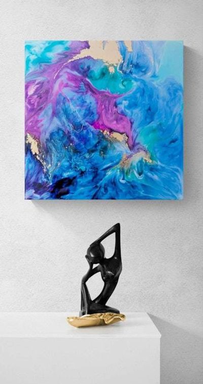 Alternate image for Cosmic Breath | Resin Alcohol Ink Original Signed Painting | Abstract Modern Ink Art | Wall Decor Blue Purple Gold Teal Hanging 12 x 12