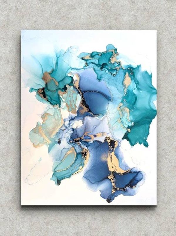 Image for The Ocean Unfolding II | Signed Original Alcohol Ink Painting | Abstract Modern Ink Art | Wall Decor Teal Gold Hanging 11 x 14