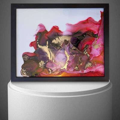 Alternate image for Gilded Crimson | Signed Alcohol Ink Painting on Glass Original | Abstract Modern Ink Art | Wall Decor Red Magenta Gold Hanging 11 x 14