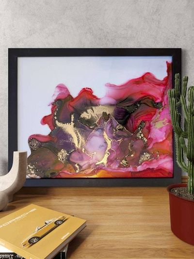 Alternate image for Gilded Crimson | Signed Alcohol Ink Painting on Glass Original | Abstract Modern Ink Art | Wall Decor Red Magenta Gold Hanging 11 x 14