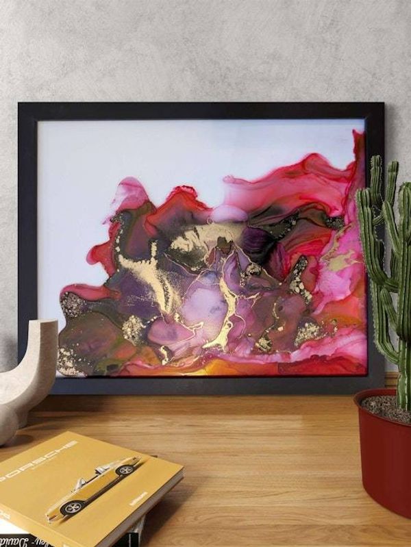 Alternate image for Gilded Crimson | Signed Alcohol Ink Painting on Glass Original | Abstract Modern Ink Art | Wall Decor Red Magenta Gold Hanging 11 x 14