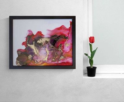 Alternate image for Gilded Crimson | Signed Alcohol Ink Painting on Glass Original | Abstract Modern Ink Art | Wall Decor Red Magenta Gold Hanging 11 x 14