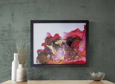 Alternate image for Gilded Crimson | Signed Alcohol Ink Painting on Glass Original | Abstract Modern Ink Art | Wall Decor Red Magenta Gold Hanging 11 x 14