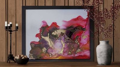 Alternate image for Gilded Crimson | Signed Alcohol Ink Painting on Glass Original | Abstract Modern Ink Art | Wall Decor Red Magenta Gold Hanging 11 x 14