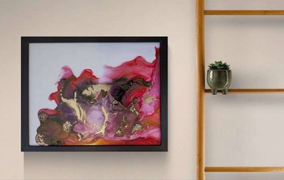 Alternate image for Gilded Crimson | Signed Alcohol Ink Painting on Glass Original | Abstract Modern Ink Art | Wall Decor Red Magenta Gold Hanging 11 x 14