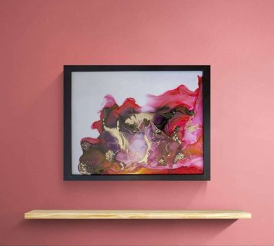 Alternate image for Gilded Crimson | Signed Alcohol Ink Painting on Glass Original | Abstract Modern Ink Art | Wall Decor Red Magenta Gold Hanging 11 x 14