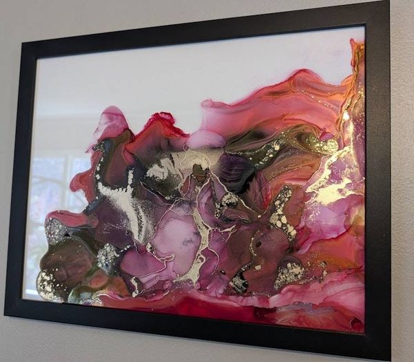 Alternate image for Gilded Crimson | Signed Alcohol Ink Painting on Glass Original | Abstract Modern Ink Art | Wall Decor Red Magenta Gold Hanging 11 x 14